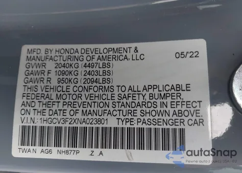 2022 Honda Accord Hybrid Sport z USA, uszkodzony, nr VIN 1HGCV3F2XNA023801